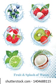 Set of different water splashes with fruit and berries. Blueberry, lychee,  raspberry, kiwi and strawberry, lime, and mint, coconut. Vector Set.