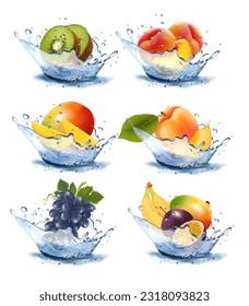 Set of different water splashes with fruit and berries. Peach, kiwi, apricot, passion fruit. mango, grape, banana. Vector