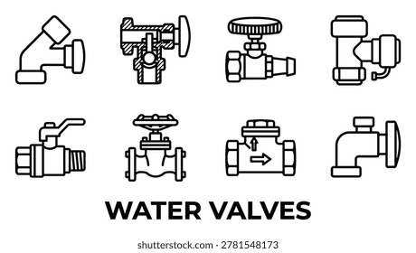 Set of different water valves including ball valve gate valve faucet and stopcock used in plumbing systems.