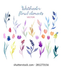 Set of different watercolor floral elements. Hand drawn herbs isolated on white. Vector illustration.
