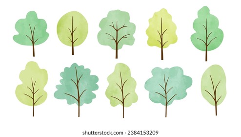 Set of different watercolor trees