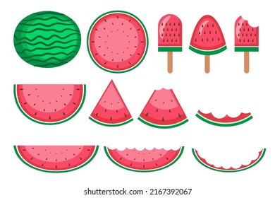 Reihe verschiedener Wassermelonen, die ganze, halb, Stück und beißiges Stück auf weißem Hintergrund, Vektorgrafik 