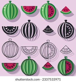 Conjunto de diferentes sandías. Ilustración vectorial.