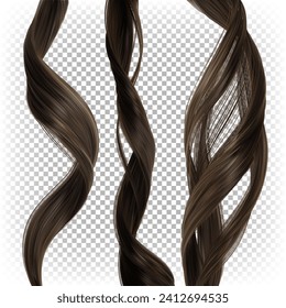 Set of different wavy curls of female brown hair isolated on a transparent background. 3D vector realistic illustration.