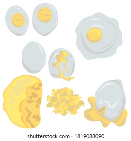 Set of different ways of cooking eggs, poached eggs, soft boiled eggs, fried eggs, omelet, scramble. Healthy organic breakfasts, vector illustration for design 