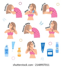 Set of different ways for putting styling and conditioning products for Curly Girl Method and cosmetic bottles (leave in, protein, cream, foam, gel, custard). Hair care process for curls and waves.