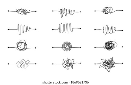 Set of different ways to solve problem. Collection of chaotic messy scribbles. Knot arrow line. Vector