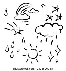 A set of different weather elements sun, rain, cloud, rainbow, stars. Pencil drawings on a white background. Weather drawings, children's drawing. Collection of children's illustrations