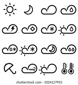 Set with different weather icons: cloud, sun, moon, rain snow drops. Vector illustration.