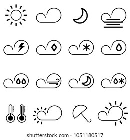 Set with different weather icons: cloud, sun, moon, rain snow drops. Vector illustration.