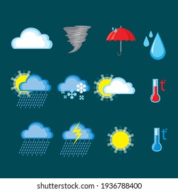 Set with different weather icons cloud, sun, moon, rain snow drops