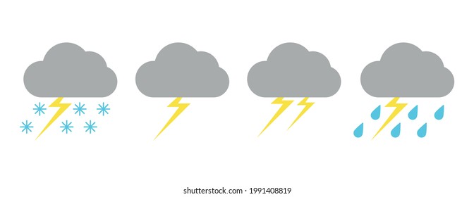 Set with different weather icons. Icons of cloud with lightning on a white background. Cloudy vector logo. 