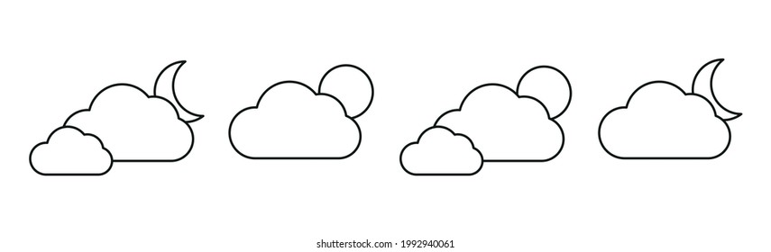 Se ajusta con diferentes iconos del tiempo. Íconos de nubes y luna sobre un fondo blanco. Logo de vector nublado. Logo del clima lineal con luna.