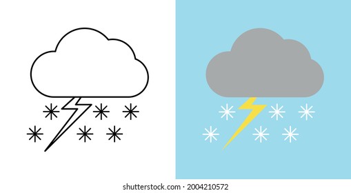 Set with different weather icons. Icons of cloud with lightning and snow on a blue and white background. Cloudy vector logo. Linear and color icon. 