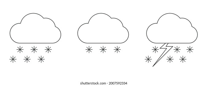 Set with different weather icons. Icons of cloud and snow on a white background. Cloudy vector logo. Linear weather logo.