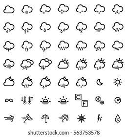set with different weather icons: cloud, sun, moon, rain snow drops