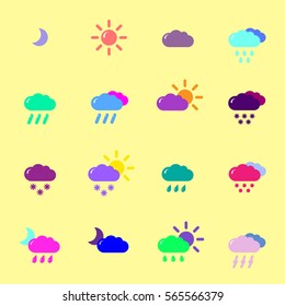 set with different weather icons cloud, sun, moon, rain snow drops