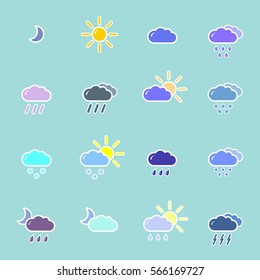 set with different weather icons cloud, sun, moon, rain snow drops