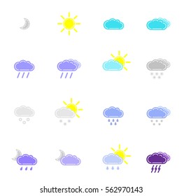 set with different weather icons in color: sun, cloud, rain, moon, drops, snow