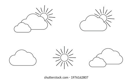 Set with different weather icons. Icons of sun and cloud on a white background. Sunny vector logo. 
