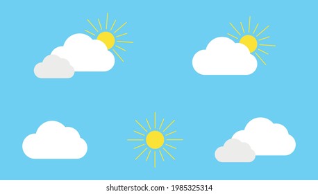 Set with different weather icons. Icons of sun and cloud on a blue background. Sunny vector logo. 