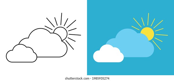 Se ajusta con diferentes iconos del tiempo. Iconos de sol y nubes sobre un fondo blanco y azul. Logo del vector del clima. Iconos lineales y coloridos. 
