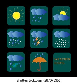 Set of different weather icons.Clouds, rain. snow and sun are in it.