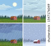 Set of different weather landscapes: sunny, cloudy, rainy and snowy.