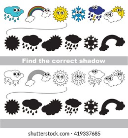 Set of different weathers with shadows to find the correct one. Compare and connect objects. and their true shadows. Logic game for children.