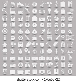 set of different web, business, technology, finance and shopping icons (silhouettes) on grey background