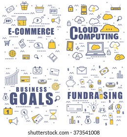Set of different web elements in doodle design style for E-Commerce, Cloud Computing, Business Goals and Fundrasing.Modern line art illustration for Web Banner, Printed or Promotional Materials.
