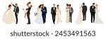 Set of different wedding couples. Bride and groom in formal clothes on wedding day, marriage ceremony. Just married love couple, newlyweds. Realistic vector illustrations isolated on white background.