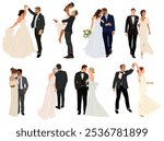 Set of different wedding couples. Bride and groom in formal clothes on wedding day, marriage ceremony. Just married love couple, newlyweds. Realistic vector illustrations isolated on white background.