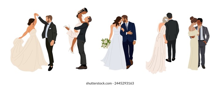 Set of different wedding couples. Bride and groom in formal clothes on wedding day, marriage ceremony. Just married love couple, newlyweds. Realistic vector illustrations isolated. Not AI generated.