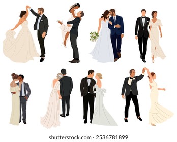 Set of different wedding couples. Bride and groom in formal clothes on wedding day, marriage ceremony. Just married love couple, newlyweds. Realistic vector illustrations isolated on white background.