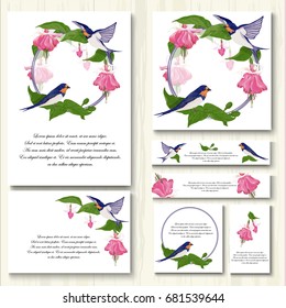 Set of different wedding design elements. Vector illustration with fuchsia flowers and swallows. Can be used for invitation, poster, greeting card, banner and packaging.