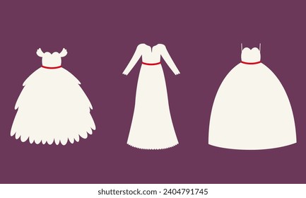 Juego de diferentes vestidos de boda. Hermosa ropa de estilo plano.