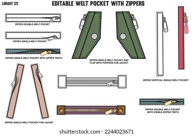 SET OF DIFFERENT WELT ZIPPER POCKET FOR CLOTHINGS AND APPARELS, SINGLE WELT, DOUBLE WELT POCKET FOR TROUSERS, JACKETS, CHINOS AND CARGOS IN EDITABLE VECTOR