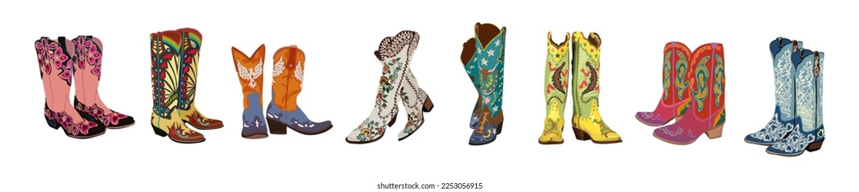 Juego de botas de vaquero occidentales diferentes. Botas de vaquera decorativas y elegantes adornadas con decoración tradicional del oeste salvaje. Ilustraciones vectoriales realistas dibujadas a mano aisladas en fondo blanco.