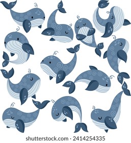 Set of different whale digital elements
