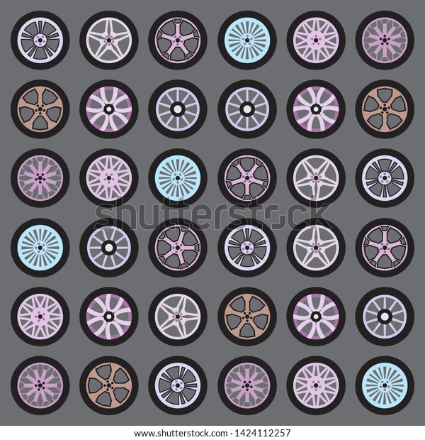 Set of different wheels icons isolated on gray\
background. Vector illustration in flat style. Design for\
information about cars, any transport, car service, car wheel\
control, auto parts\
driving.