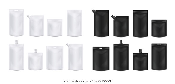 Set of different white and black blank food doy packs, realistic 3d vector illustration isolated on white background. Stand up pouch bag packaging with and without lid.