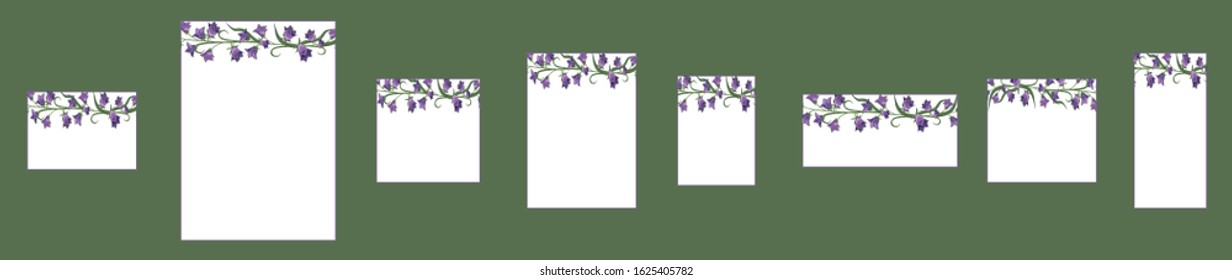 Set of different white cards with a floral pattern and place for text on a green background. Blue flowers bluebells on a white background. Seamless brush in swatches. Pattern with wildflowers.