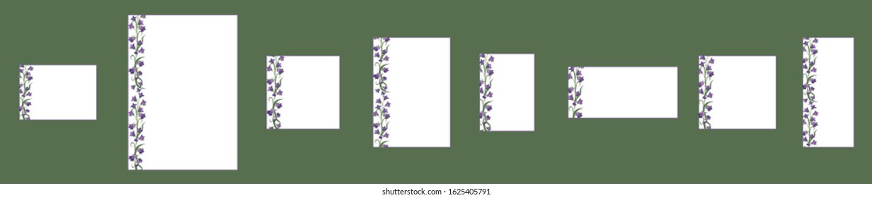 Set of different white cards with a floral pattern and place for text on a green background. Blue flowers bluebells on a white background. Seamless brush in swatches. Pattern with wildflowers.