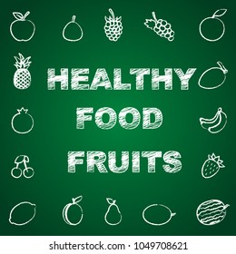 Set of different white charcoal outline fruit icons isolated on green background for healthy food wallpaper