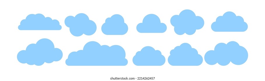 Set of different white clouds. Vector illustration isolated on blue background