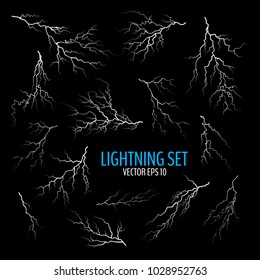 Set of different white cracks isolated on dark background. Set of simple lightning bolts. Vector illustration for your graphic design.