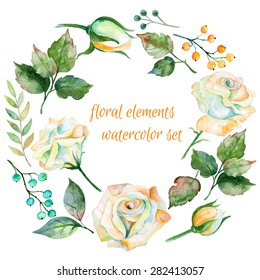 Set of different white flowers. berries and leaves for design. Watercolor roses and leaves . Set of floral elements for your compositions.