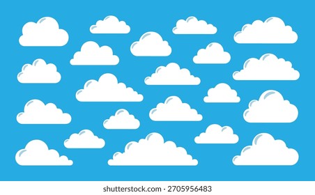 Conjunto de diferentes nuvens de desenhos animados branco fofo isoladas no céu azul brilhante Fundo Vetor Ilustração para o projeto do tempo