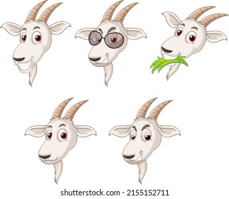 Set of different white goat heads illustration